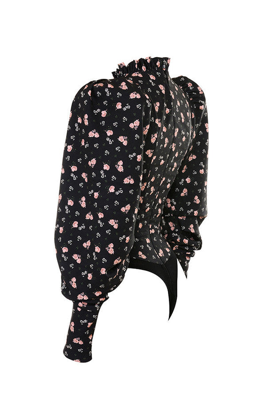 Heidi-Mode | Schwarzer Korsett Body mit Hohem Hals und Blumenmuster