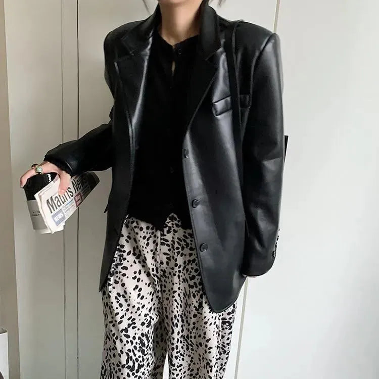 Heidi-Mode | Laufsteg Übergröße Leder Blazer Damen - Lässig - Unifarben