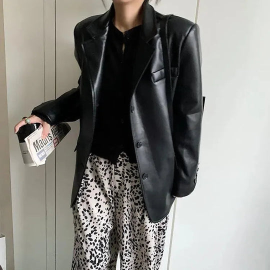 Heidi-Mode | Laufsteg Übergröße Leder Blazer Damen - Lässig - Unifarben