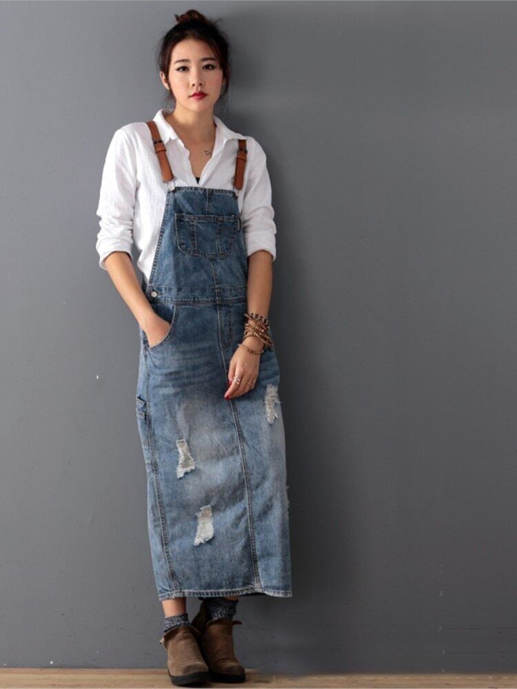 Gerissene Denim-Overall Kleid