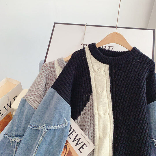 Patchwork-Pullover mit Denim-Ärmeln