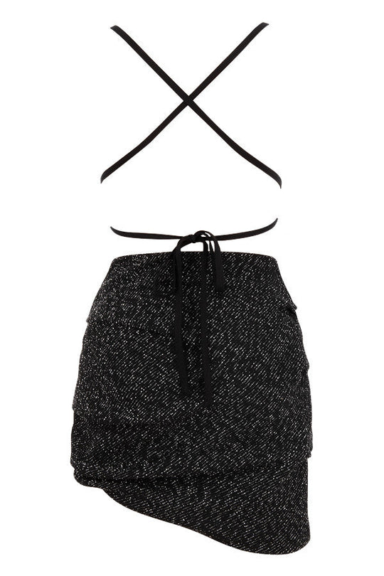 Heidi-Mode | Schwarzes Bouclé Drapiertes Mini Kleid