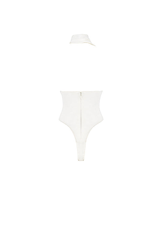 Heidi-Mode | Ivory Satin Bodysuit mit Rundhalsausschnitt und Grauen Lockeren Hosen
