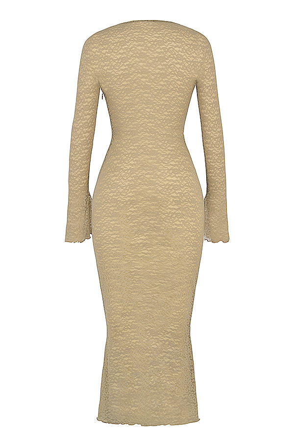 Heidi-Mode | Maxi Kleid aus Stein mit Blumenbesticktem Spitzen