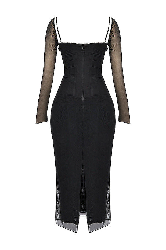 Heidi-Mode | Elegantes Maxikleid mit tiefem Ausschnitt und langen Ärmeln