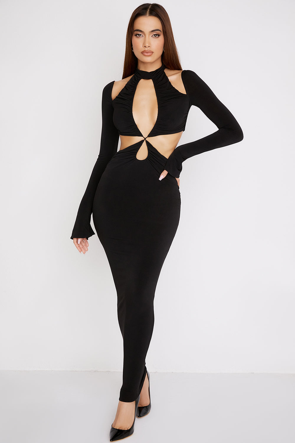 Heidi-Mode | Schwarzes Jersey Maxi Kleid mit Ausschnitt
