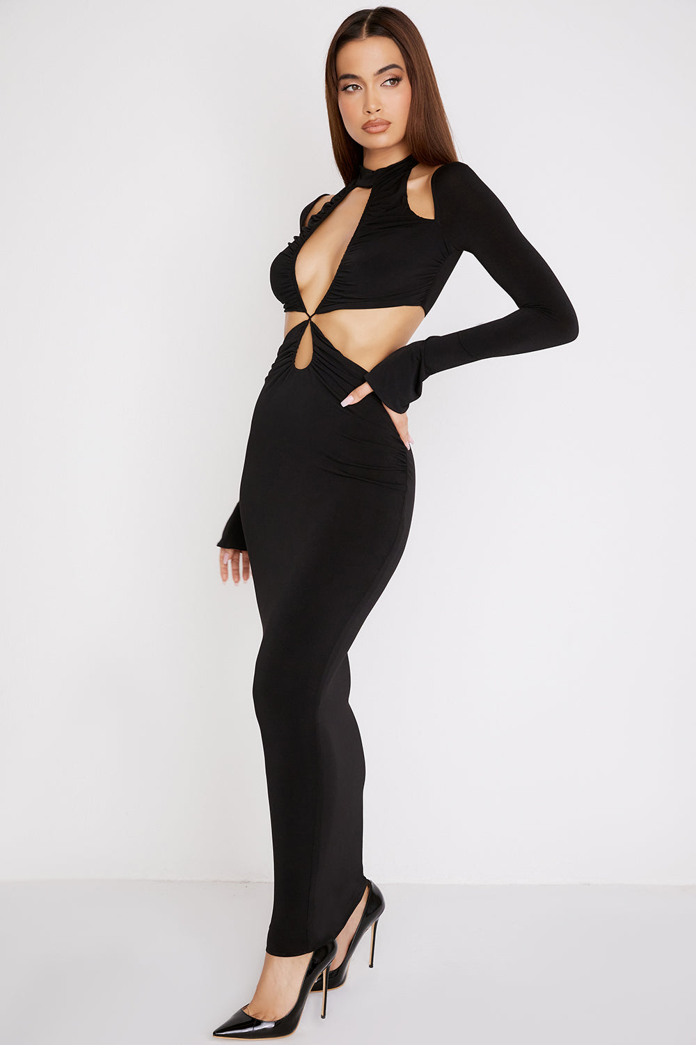 Heidi-Mode | Schwarzes Jersey Maxi Kleid mit Ausschnitt