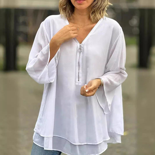 Heidi-Mode | Chiffon Reißverschluss Top mit V-Ausschnitt