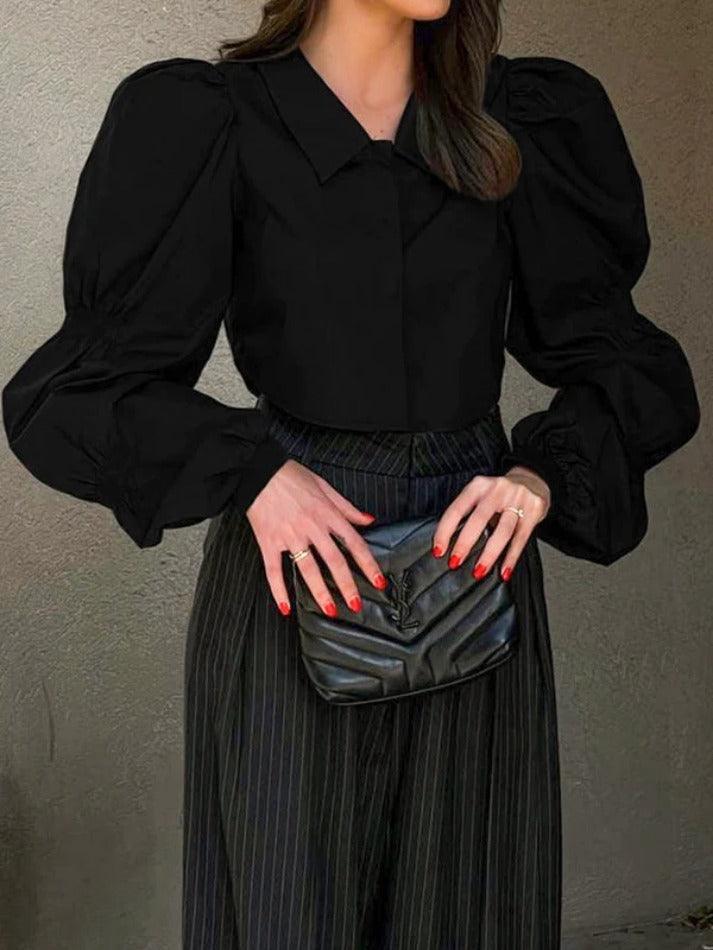 Heidi-Mode | Schlichte Puffärmel Kurz Geschnittene Lockere Lange Ärmel Bluse