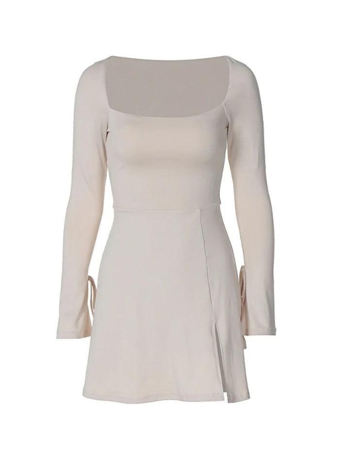 Heidi-Mode | Festes Quadratausschnitt Trompetenärmel Spalt Mini Kleid