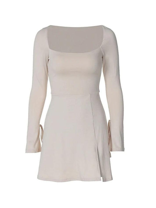 Heidi-Mode | Festes Quadratausschnitt Trompetenärmel Spalt Mini Kleid