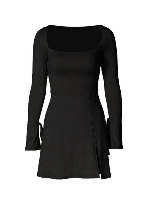 Heidi-Mode | Festes Quadratausschnitt Trompetenärmel Spalt Mini Kleid