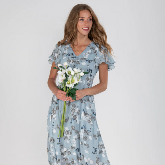 Kleid mit Schmetterlingsärmeln und Blumenmuster - Blumenmuster