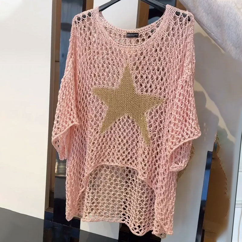 Damen Mode Rundhalsausschnitt häkeln stricken Mesh Top