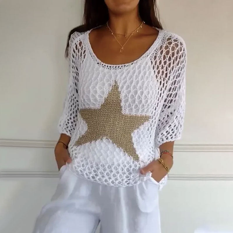 Damen Mode Rundhalsausschnitt häkeln stricken Mesh Top