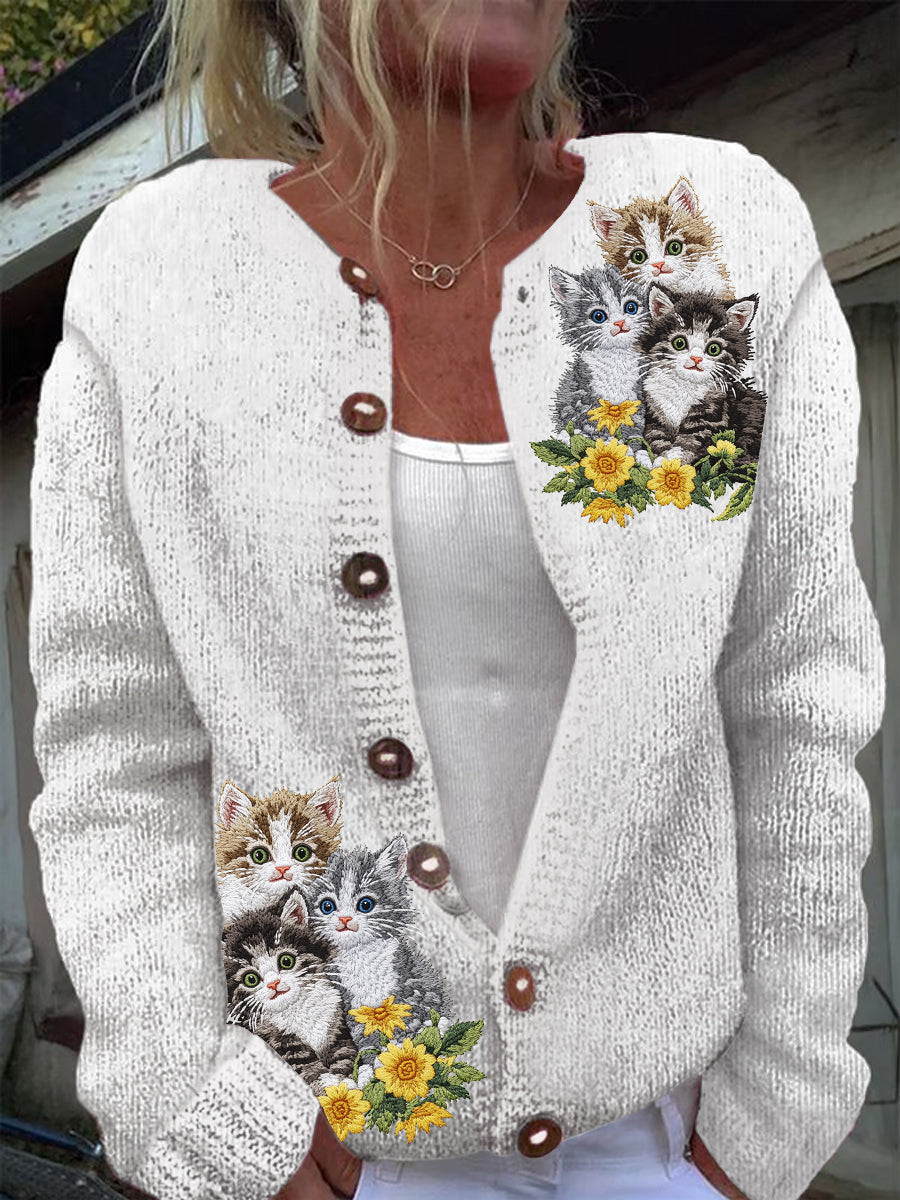 Heidi-Mode | Lange Ärmel Strickjacke Mit Niedlichem Blumenmuster Katze