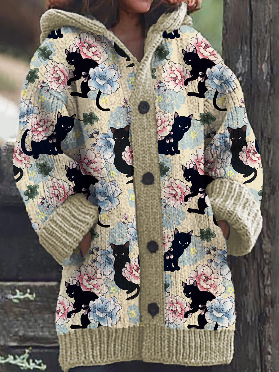 Heidi-Mode | Lässiger Gestrickter Hoodie Cardigan Mit Schwarzem Katzen Blumenmuster Für Frauen