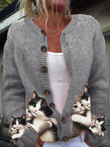 Heidi-Mode | Tierdruck Chic Dicke Knopf Lange Ärmel Cardigan