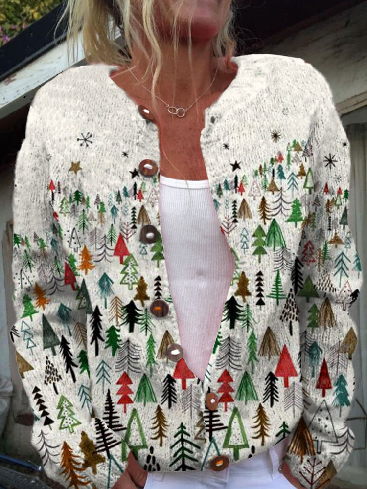 Heidi-Mode | Für Frauen Eleganter Weihnachtsbaum Kunstdruck Rundhals Langarm Knopf Cardigan Pullover