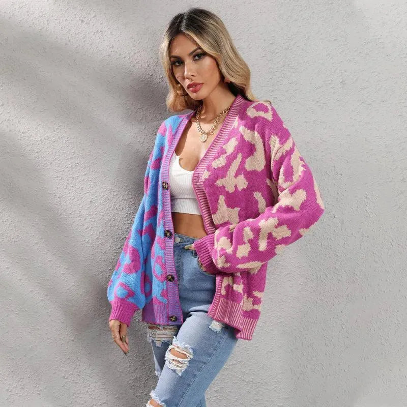 Heidi-Mode | Style Leopardenmuster Übergroßer StrickStrickjacke Pullover
