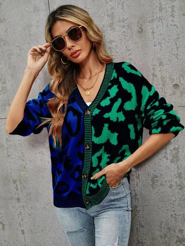 Heidi-Mode | Style Leopardenmuster Übergroßer StrickStrickjacke Pullover