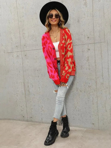 Heidi-Mode | Style Leopardenmuster Übergroßer StrickStrickjacke Pullover