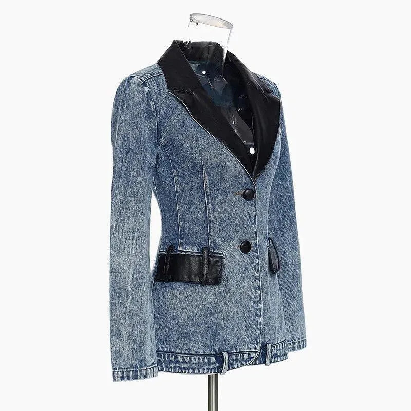 Heidi-Mode | Streetwear Lederkragen Denim Blazer Frauen - Lässig - Einfarbig