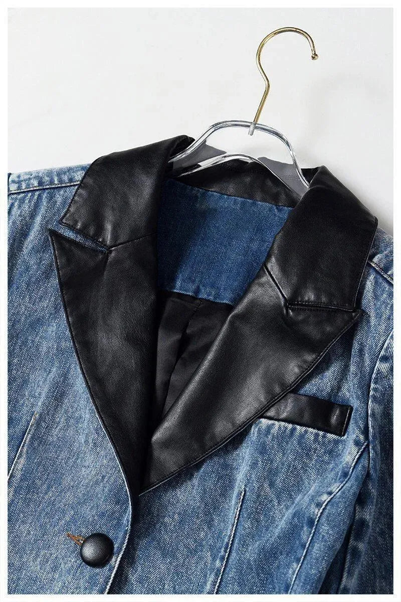Heidi-Mode | Streetwear Lederkragen Denim Blazer Frauen - Lässig - Einfarbig