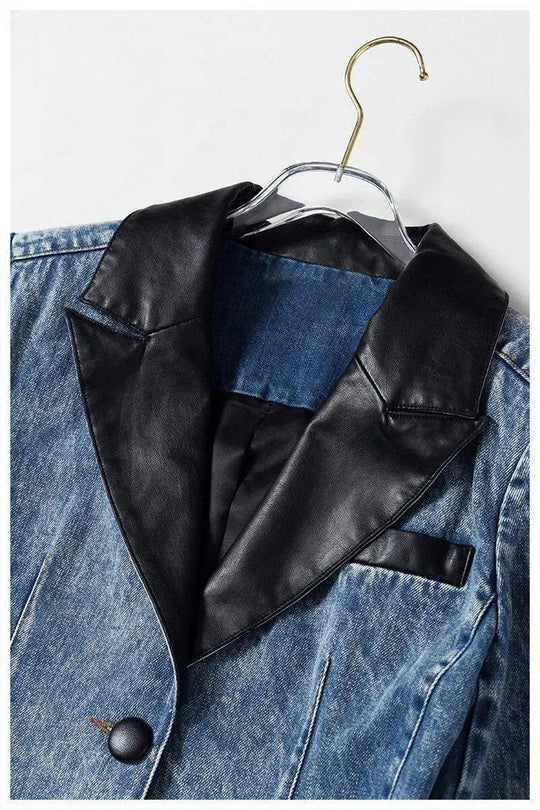 Heidi-Mode | Streetwear Lederkragen Denim Blazer Frauen - Lässig - Einfarbig