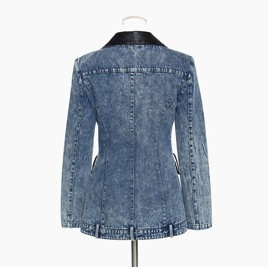 Heidi-Mode | Streetwear Lederkragen Denim Blazer Frauen - Lässig - Einfarbig