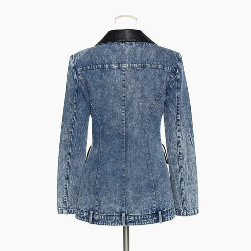 Heidi-Mode | Streetwear Lederkragen Denim Blazer Frauen - Lässig - Einfarbig