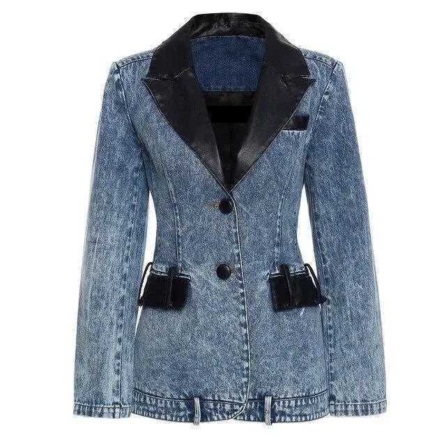 Heidi-Mode | Streetwear Lederkragen Denim Blazer Frauen - Lässig - Einfarbig