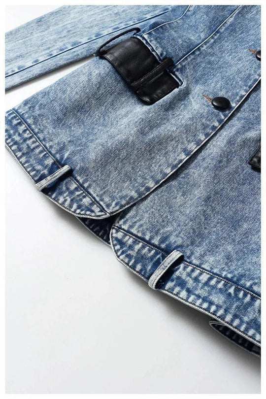 Heidi-Mode | Streetwear Lederkragen Denim Blazer Frauen - Lässig - Einfarbig