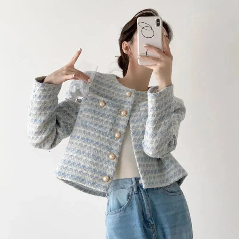 Heidi-Mode | Gestreifter kurzer Tweed-Jacke