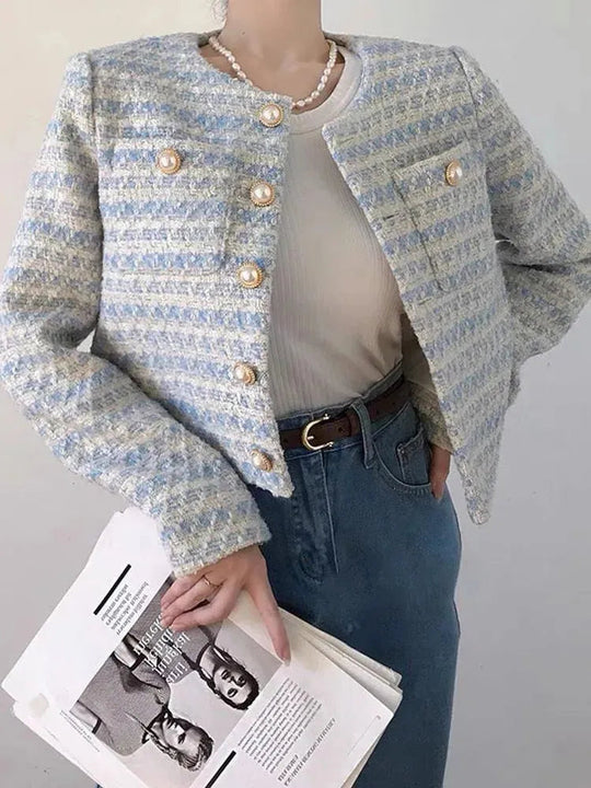 Heidi-Mode | Gestreifter kurzer Tweed-Jacke