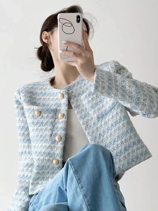 Heidi-Mode | Gestreifter kurzer Tweed-Jacke