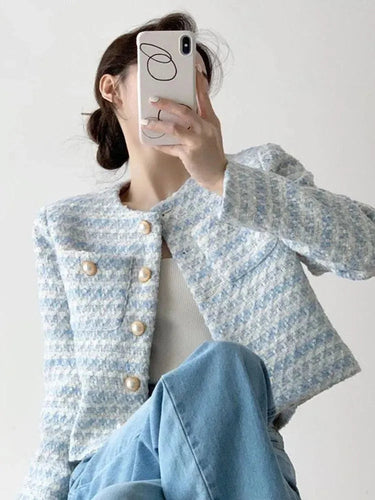 Heidi-Mode | Gestreifter kurzer Tweed-Jacke