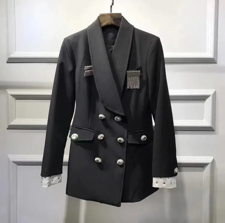 Heidi-Mode | Stylischer langer doppelt knöpfiger Blazer für Damen - Leger - Unifarben