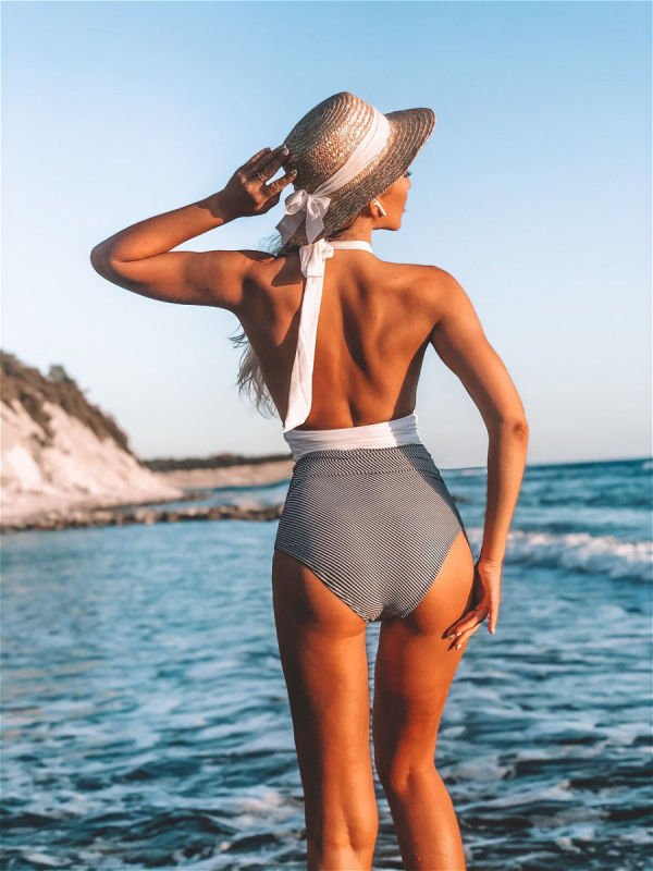 Heidi-Mode | Bademode Damen Einteiler Halter sexy Farbblock Bauchbedeckender Bikini Badeanzug