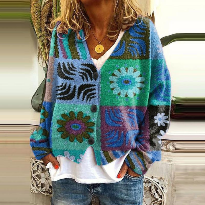 Heidi-Mode | Damen Knopf Blumen Cardigan aus Daunen Warm