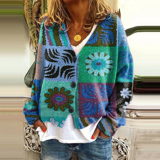 Heidi-Mode | Damen Knopf Blumen Cardigan aus Daunen Warm