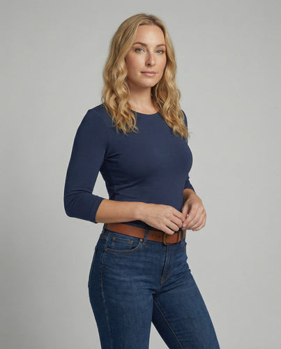 Damen Lässiges Oberteil mit Eleganten 3/4-Ärmeln und Geschwungenem Saum Heidi-Mode