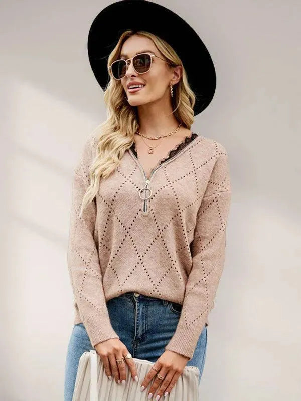 Heidi-Mode | Ausschnitt Reißverschluss Strickpullover Top für Frauen