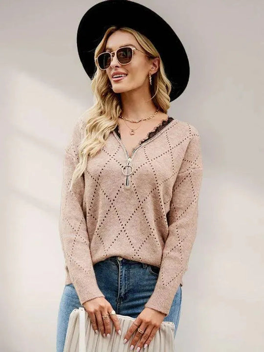 Heidi-Mode | Ausschnitt Reißverschluss Strickpullover Top für Frauen