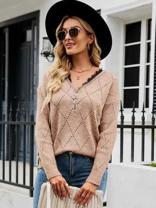 Heidi-Mode | Ausschnitt Reißverschluss Strickpullover Top für Frauen