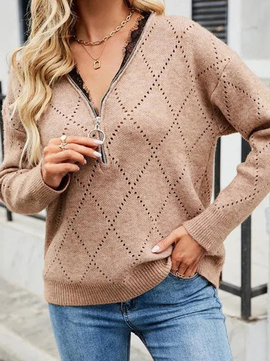 Heidi-Mode | Ausschnitt Reißverschluss Strickpullover Top für Frauen