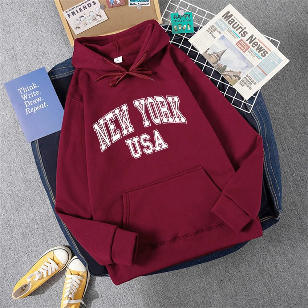 Heidi-Mode | Sweatshirt mit Kapuze Fleece Print New York Usa für Damen