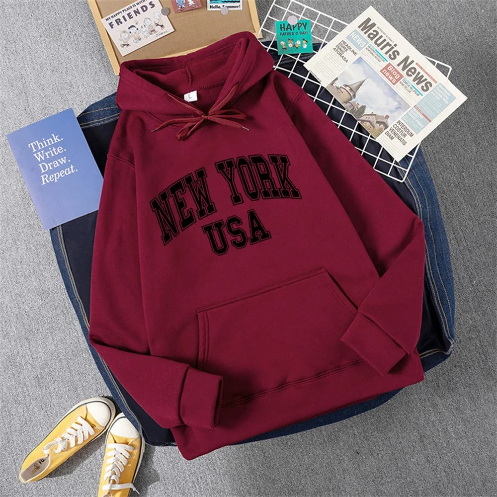 Heidi-Mode | Sweatshirt mit Kapuze Fleece Print New York Usa für Damen