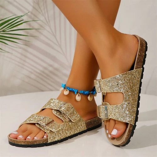 Doppelte Schnalle Pailletten-Sandalen für Frauen