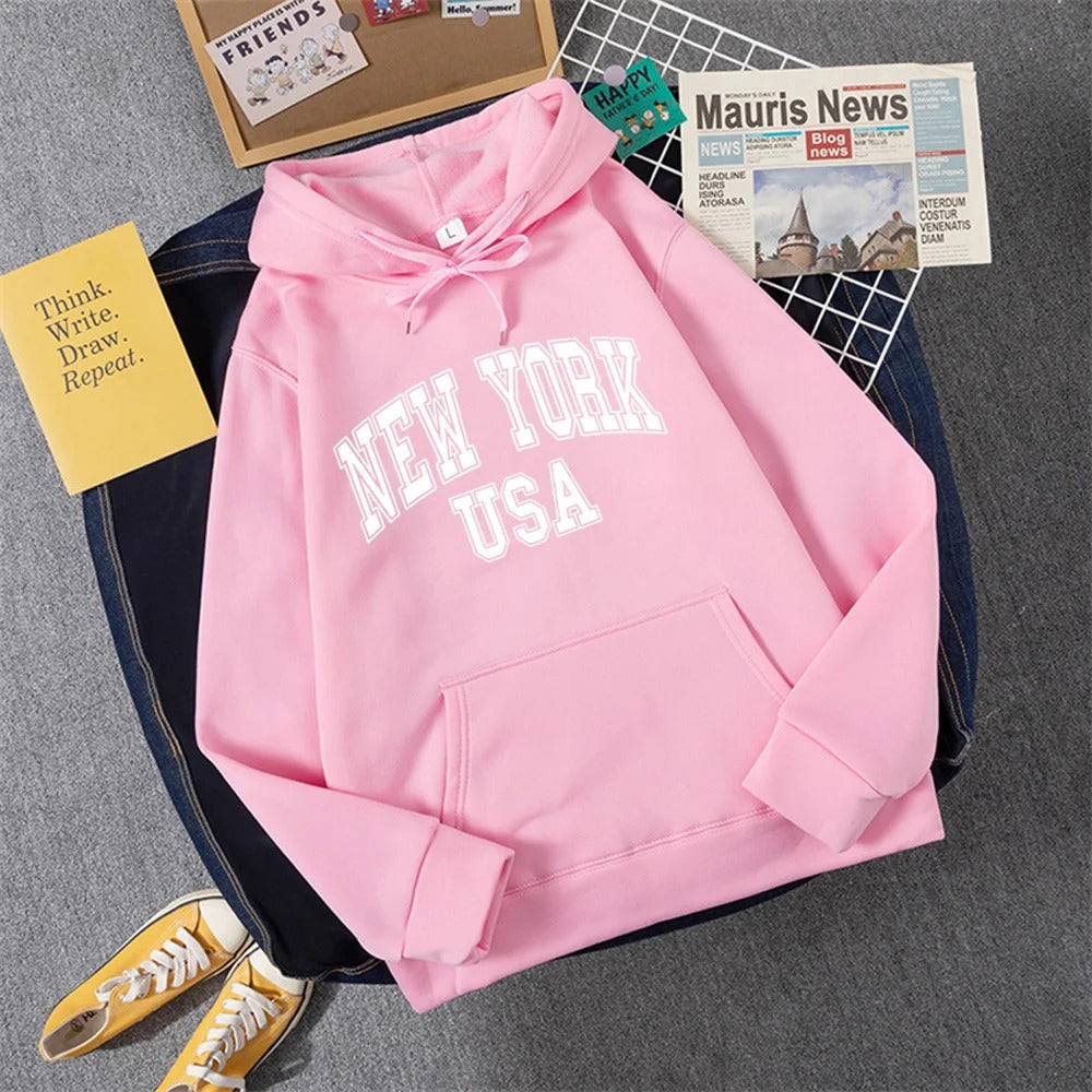Heidi-Mode | Sweatshirt mit Kapuze Fleece Print New York Usa für Damen
